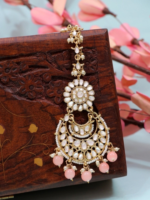 

Crunchy Fashion Woman Pink & White Kundan Studded Maangtikka, Gold