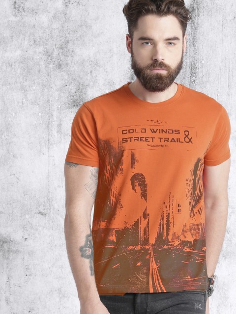 

Roadster Men Orange Printed Round Neck T-shirt