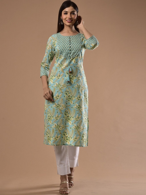 

Swasti Women Green & Yellow Floral Printed Straight Kurta