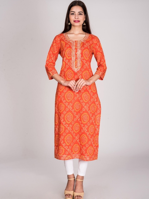 

Swasti Women Orange & White Bandhani Printed Floral Cotton Kurta