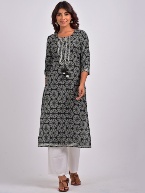 

Swasti Women Black Printed Gotta Patti Pure Cotton Floral Kurta