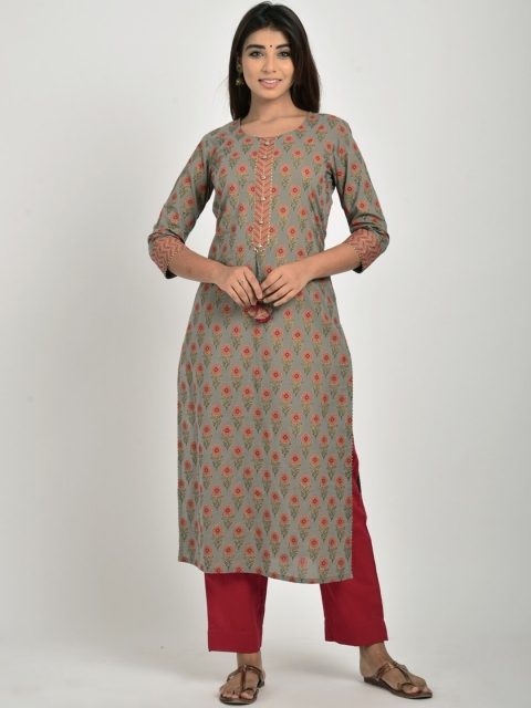 

Swasti Women Grey & Coral Ethnic Motifs Printed Cotton Straight Kurta