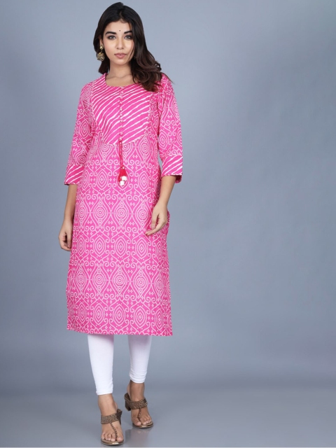 

Swasti Women Pink & White Bandhani Printed Cotton Straight Kurta
