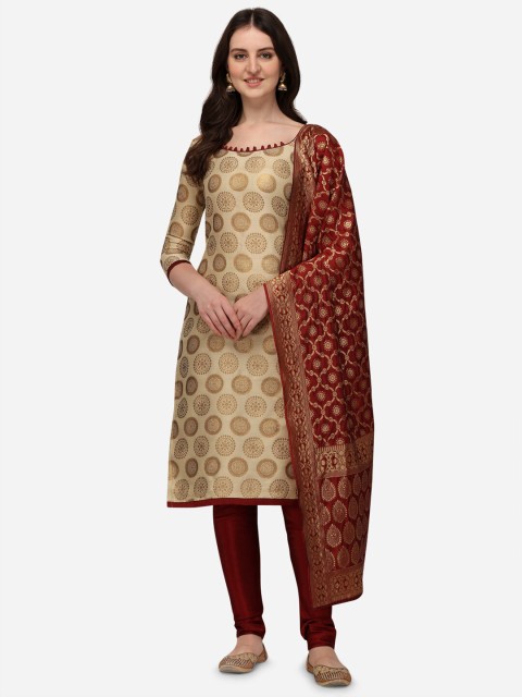 

SATYAM WEAVES Beige & Maroon Ethnic Motifs Woven Design Cotton Unstitched Dress Material