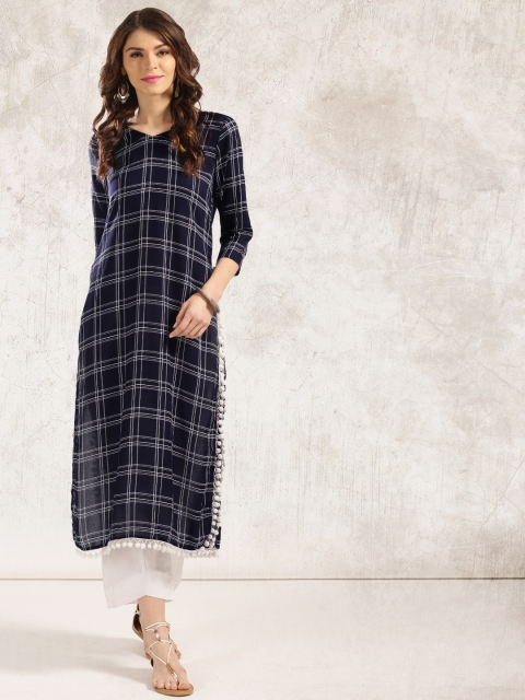 

Anouk Women Navy Blue Woven Checked Straight Kurta