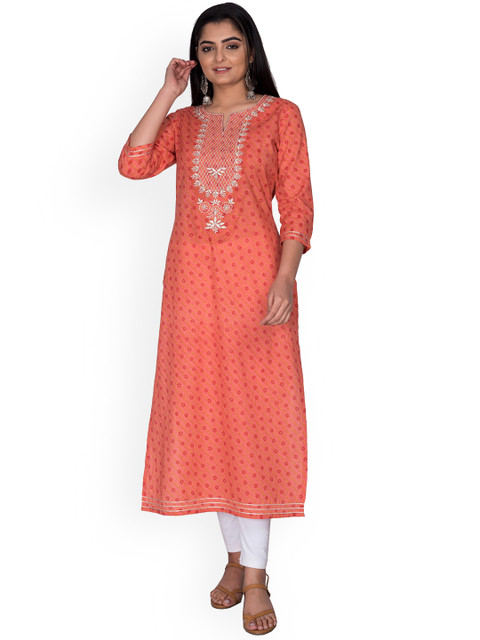 

Swasti Women Orange Ethnic Motifs Printed Thread Work Kurta