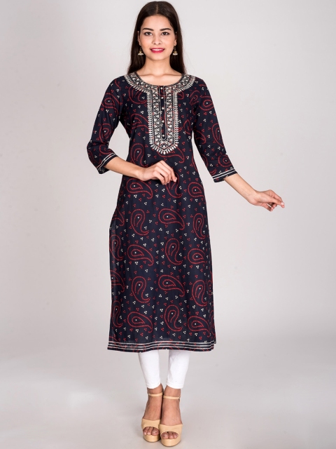 

Swasti Women Navy Blue & Red Bandhani Printed Kurta With Embroidered Detail