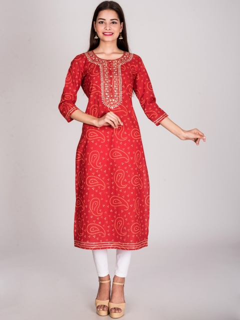 

Swasti Woman Red Ethnic Motifs Printed Mirror Work Kurta