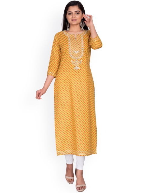 

Swasti Women Mustard Yellow & Red Floral Printed Round Neck Straight Kurta