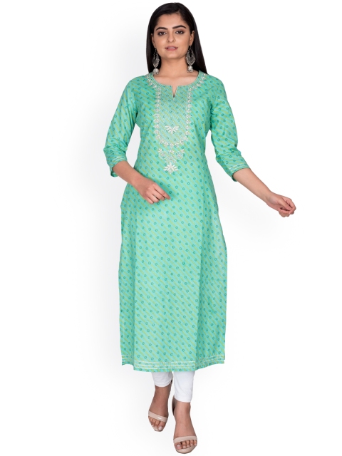 

Swasti Women Sea Green Striped Flared Sleeves Patchwork Floral Kurta