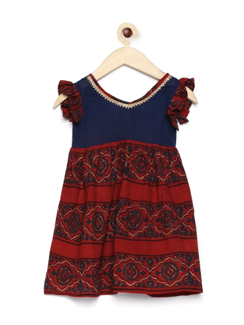 

MANY FROCKS & Girls Navy Blue & Maroon Ethnic Motifs Pure Cotton A-Line Dress