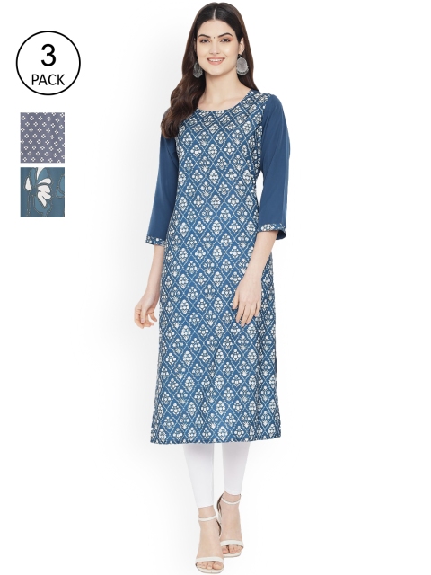 

Ethnic basket Women Pack of 3 Digital Printed Straight Kurtas, Blue
