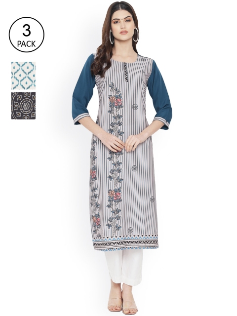 

Ethnic basket Women Pack of 3 White & Blue Geometric Printed Crepe Kurta