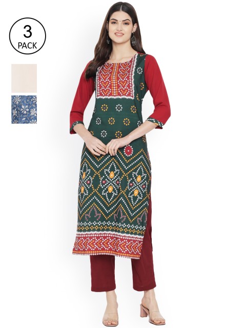 

Ethnic basket Women Pack of 3 Multicoloured Printed Crepe Straight Kurta, Multi