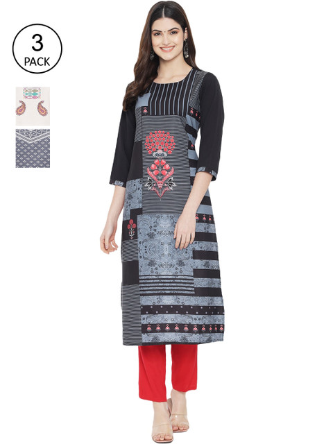 

Ethnic basket Women Pack Of 3 Printed Crepe Kurta, Black