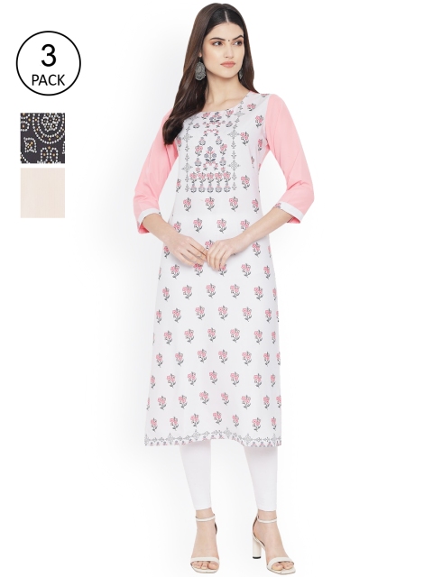 

Ethnic basket Women Pack of 3 White & Peach-Coloured Floral Printed Crepe Kurta