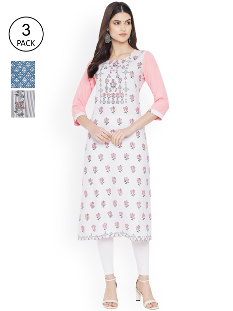 

Ethnic basket Women Set of 3 Ethnic Motifs Printed Crepe Kurta, White