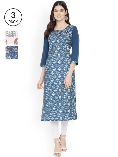 

Ethnic basket Women Blue & White Pack Of 3 Digital Printed Straight Kurta