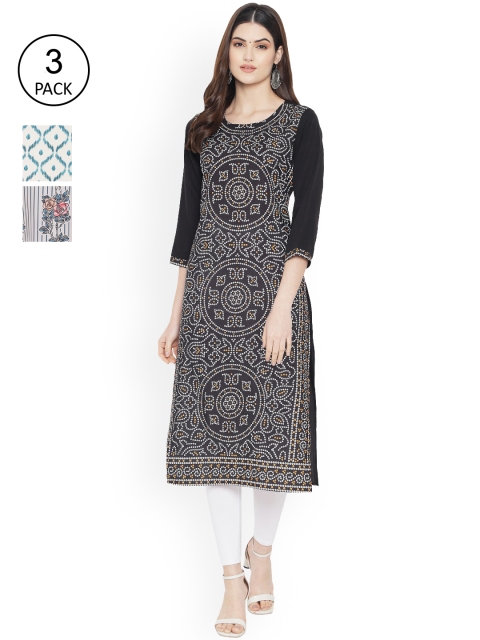 

Ethnic basket Women Pack of 3 Ethnic Motifs Printed Floral Crepe Kurta, Black