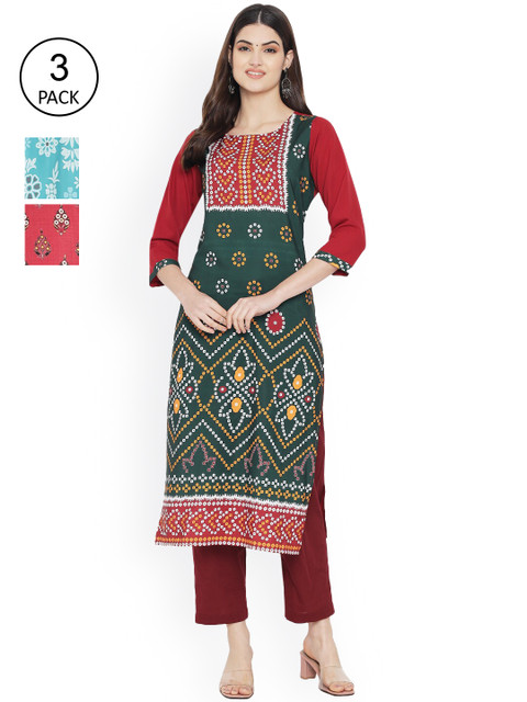 

Ethnic basket Women Pack of 3 Multicoloured Printed Crepe Straight Kurta, Multi