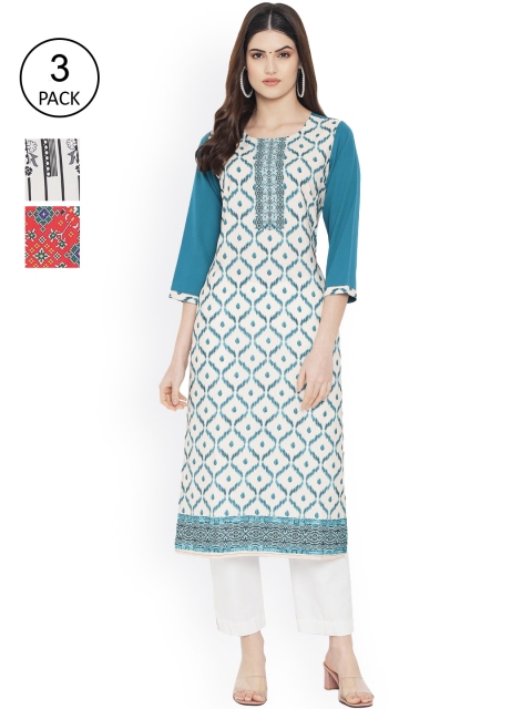 

Ethnic basket Women Blue & White Pack Of 3 Digital Printed Straight Kurta