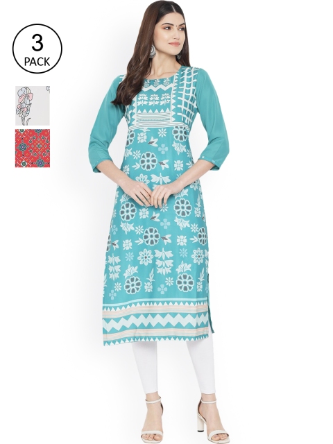 

Ethnic basket Women Pack Of 3 Digitally Printed Crepe Kurta, Turquoise blue