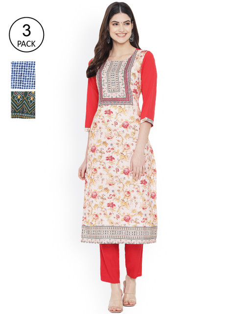 

Ethnic basket Women Pack Of 3 Printed Crepe Kurta, Beige