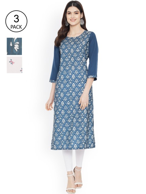 

Ethnic basket Women Pack Of 3 Digital Printed Floral Crepe Kurta, Blue