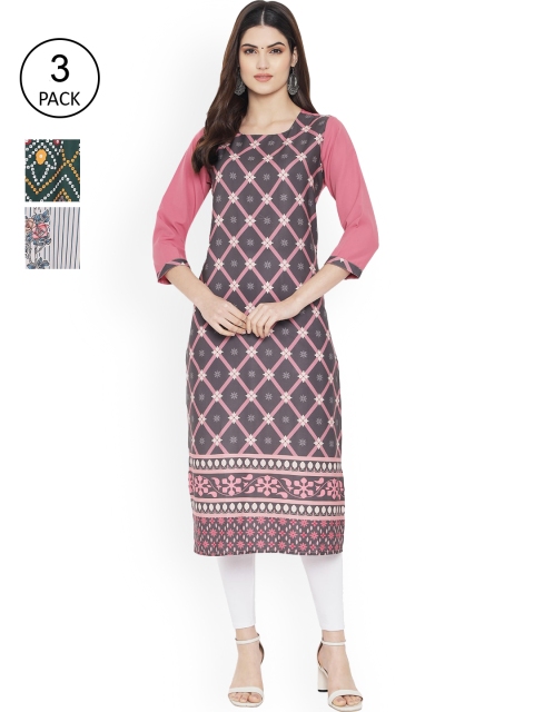 

Ethnic basket Women Pack of 3 Mauve & Green Ethnic Motifs Printed Crepe Kurta