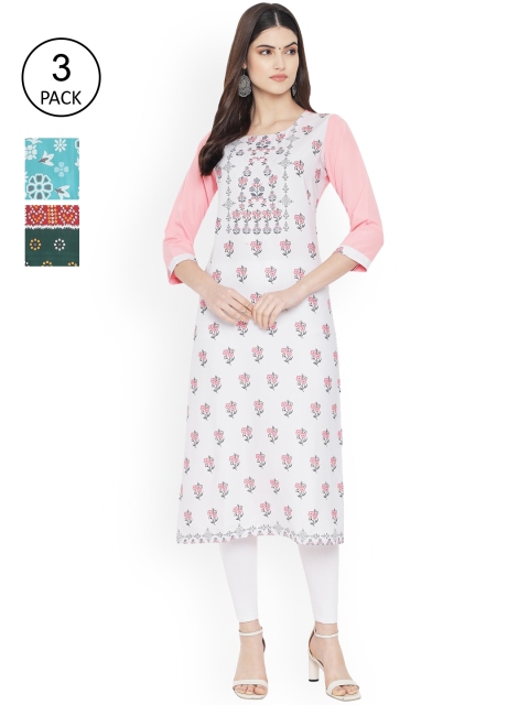 

Ethnic basket Women Pack Of 3 Digital Printed Floral Crepe Kurta, White