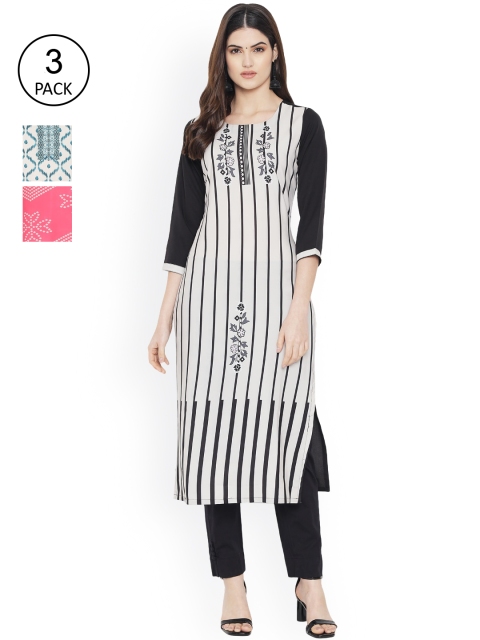 

Ethnic basket Women White & Blue Pack Of 3 Digital Printed Straight Kurta