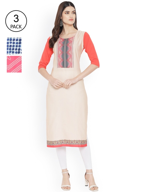 

Ethnic basket Women Pack of 3 Printed Kurtas, Cream