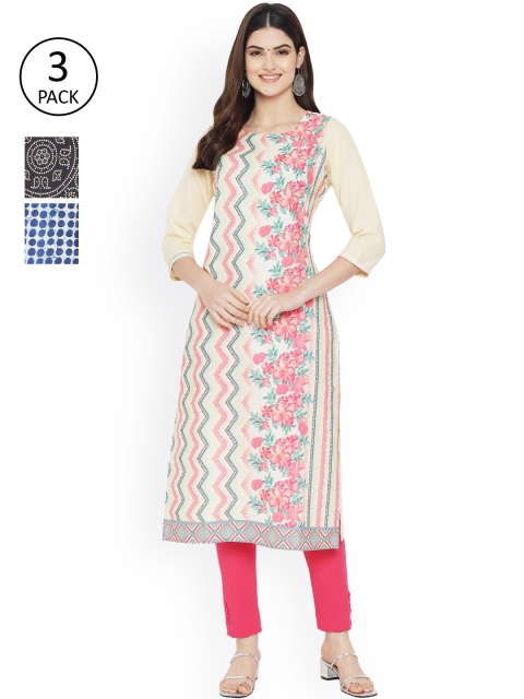 

Ethnic basket Women Pack of 3 Printed Kurtas, Cream
