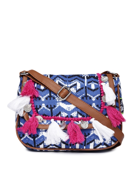 

Kanvas Katha Blue & Black Printed Tassel Sling Bag