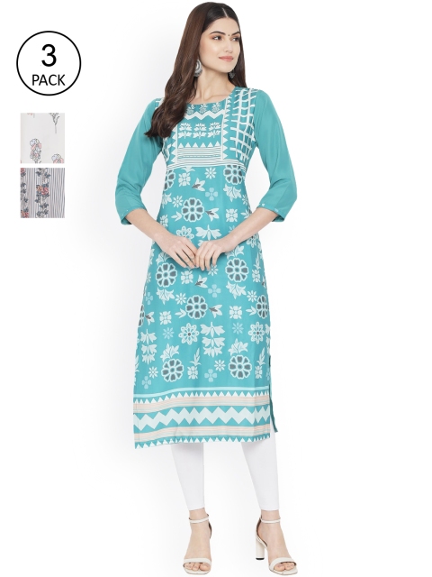 

Ethnic basket Woman Pack of 3 Multicoloured Striped Floral Crepe Kurta, Multi