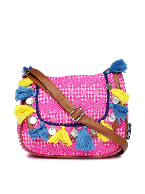 

Kanvas Katha Pink & White Embroidered Tassel Sling Bag