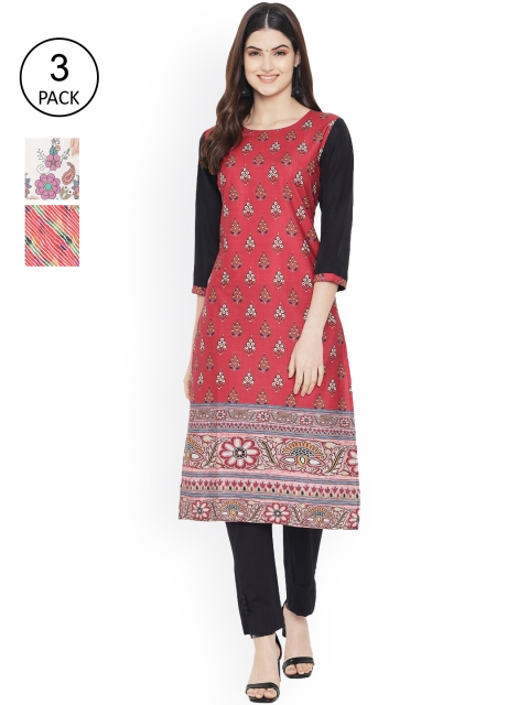 

Ethnic basket Women Pack Of 3 Digital Printed Floral Crepe Kurta, Red