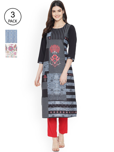 

Ethnic basket Women Blue & Black Digital Printed Set of 3 Crepe Straight Kurta