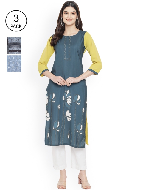 

Ethnic basket Women Grey & Yellow Digital Printed Set Of 3 Crepe Straight Kurta
