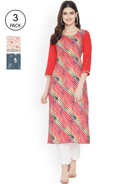 

Ethnic basket Women Pack of 3 Peach-Coloured & White Floral Printed Crepe Kurta