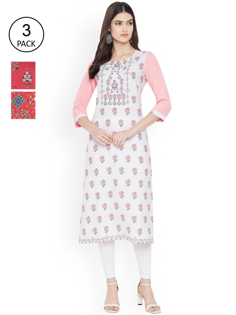 

Ethnic basket Women Pack of 3 Digital Printed Straight Kurtas, White