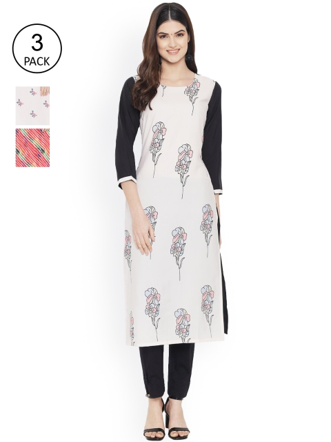 Ethnic basket Women Pack of 3 White & Red Ethnic Motifs Printed Crepe Kurta