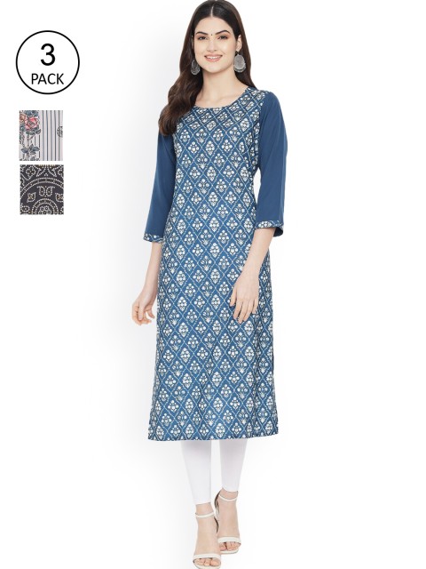 

Ethnic basket Women Blue & Black Digital Printed Set Of 3 Crepe Straight Kurta