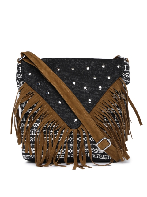 

Kanvas Katha Black & White Printed Fringed Sling Bag