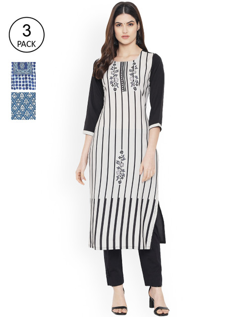 

Ethnic basket Women Pack Of 3 White & Teal Blue Geometric Printed Floral Crepe Kurta
