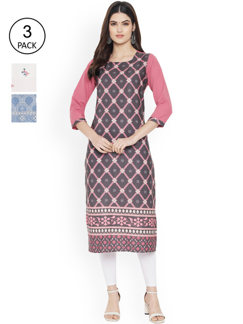 

Ethnic basket Women Pack Of 3 Pink & White Geometric Printed Floral Crepe Kurta