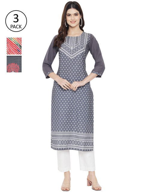 

Ethnic basket Women Pack Of 3 Digitally Printed Crepe Kurta, Black
