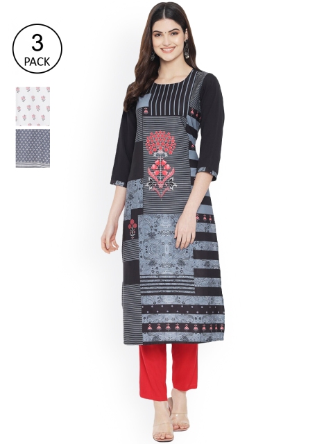 

Ethnic basket Women Pack Of 3 Digital Printed Floral Crepe Kurta, White