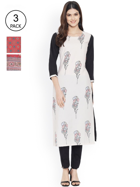 

Ethnic basket Women Pack Of 3 White & Red Ethnic Motifs Printed Floral Crepe Kurta