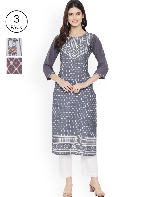 

Ethnic basket Women Pack of 3 Digital Printed Straight Kurtas, Grey